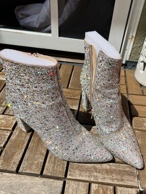 Betsey Johnson Cady - Iridescent Crystal Pointed Toe Ankle Boots - Silver